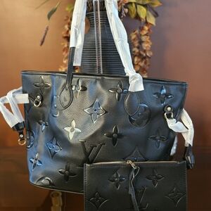 Elegant Black Embossed Tote with Pouch